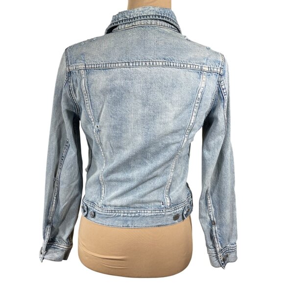 J Crew Indigo Denim Jacket Distressed (HOLES)  S Small Light Wash Blue - Picture 3 of 10